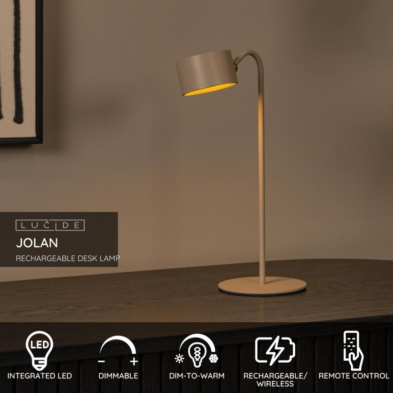 Lucide JOLAN - Rechargeable Desk lamp/Clamp lamp/Wall lamp - Battery pack - LED Dim to warm - 1x3,5W 2700K/5700K - Taupe